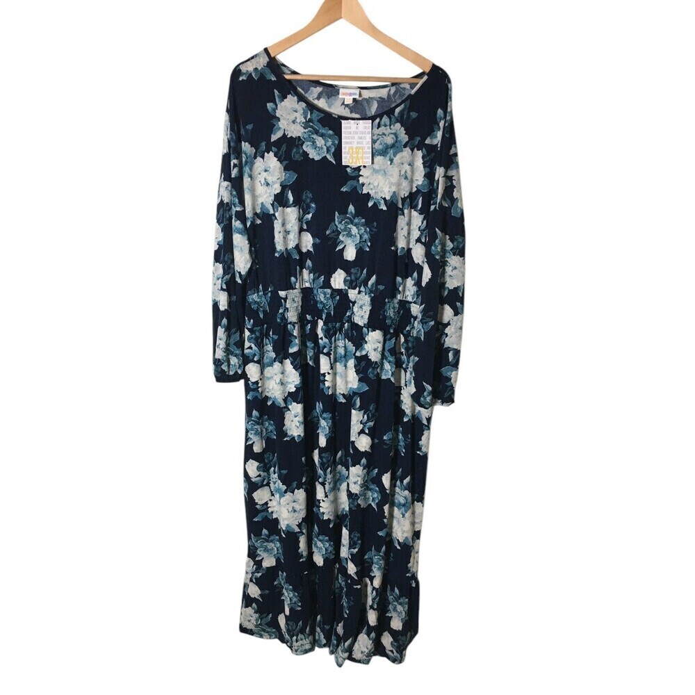 LuLaRoe Dress Women's Size 3XL Navy Blue Floral Long Sleeve Maxi Evelyn